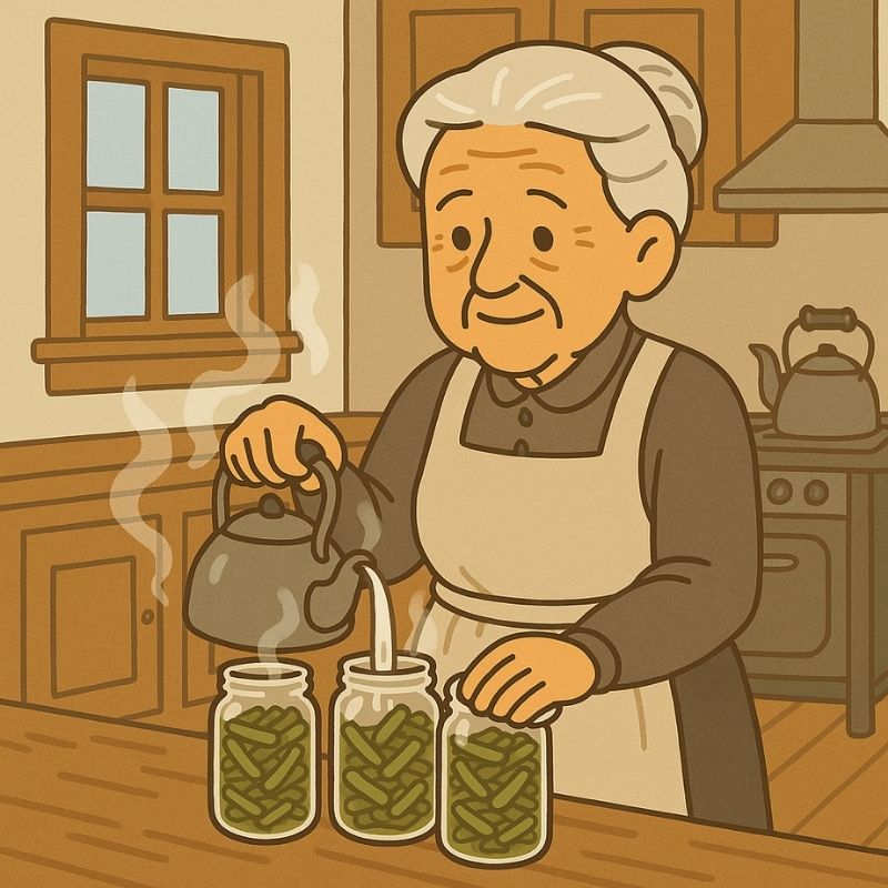 Cartoon of an older lady in an old-fashioned kitchen pouring water into jars of green beans