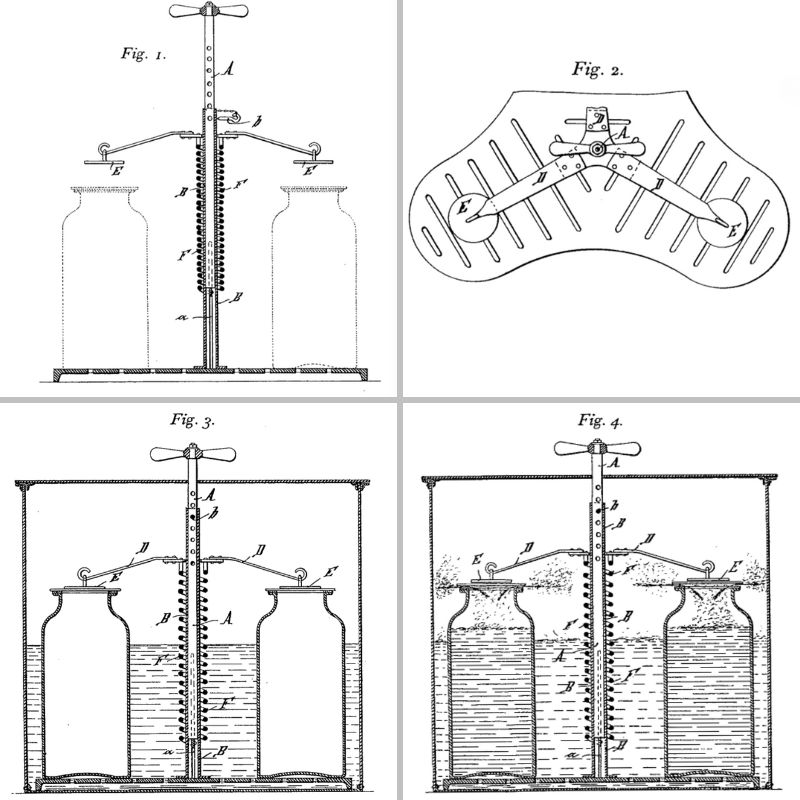 Diagram of Rudolf Rempel’s jar sterilization device, showing jars submerged in a water bath with pressure plates and a venting mechanism.