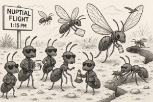 Cartoon of ants preparing for a nuptial flight at 1:15 PM, with winged ants carrying boarding passes and uniformed ants directing traffic