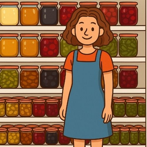 Cartoon woman smiling in front of a fully stocked pantry, with shelves filled with colorful jars of preserved food.
