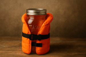 Mason jar sitting on a wooden countertop wearing an orange life vest. Image generated with DALL·E 3 via ChatGPT.