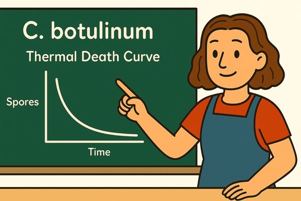 Cartoon of lady standing in front of a chalk board pointing to a thermal death curve for clostridium botulinum