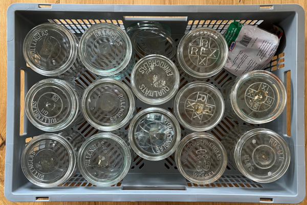 Crate of vintage German style canning jars gifted from a relative