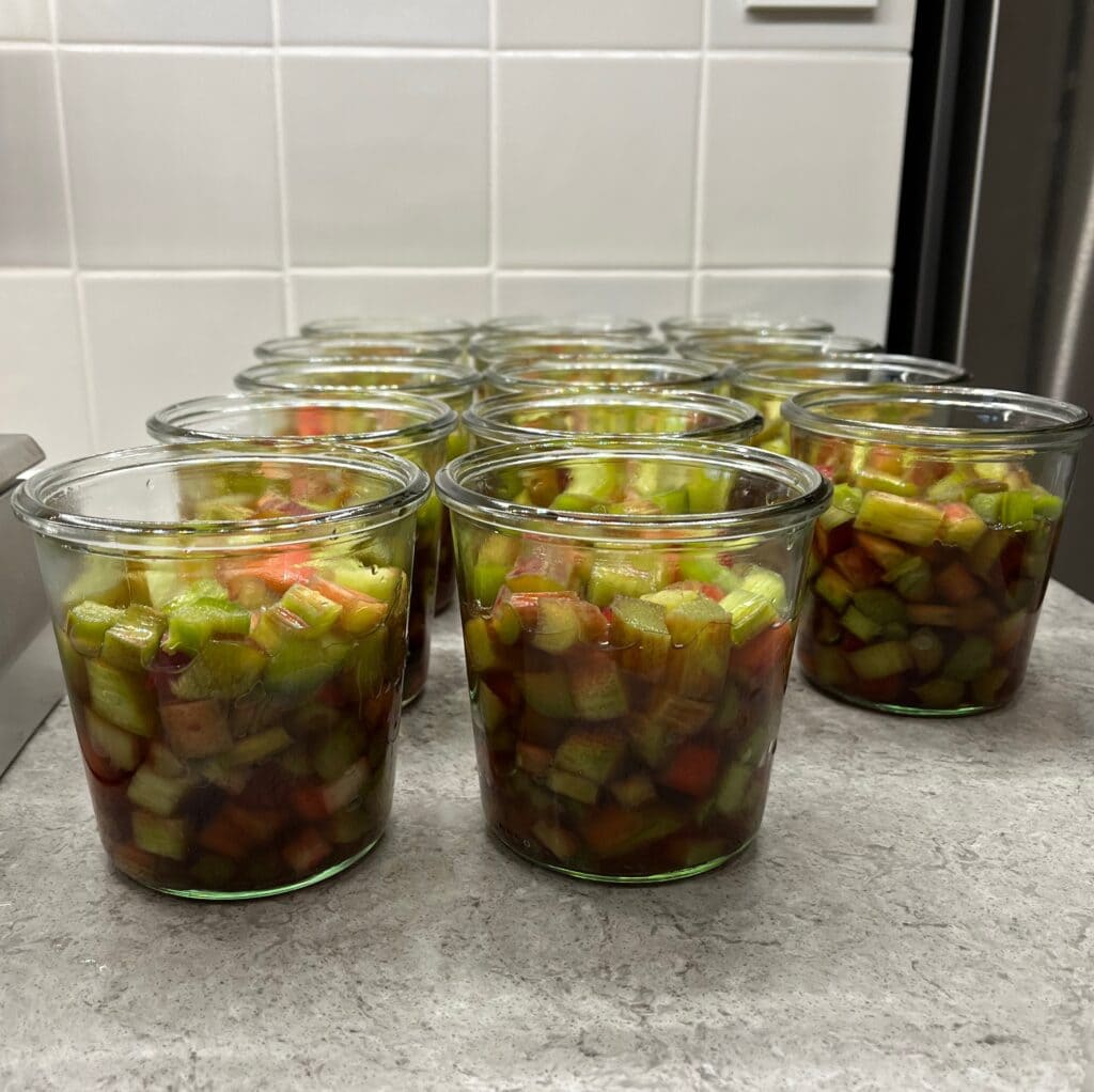 Canning-with-Weck-jars - 4 Jars of rhubarb chunks ready to have the lids put on