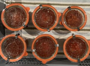 Six jars of red pepper and tomato soup cooling on a towel after processing in a water bath canner